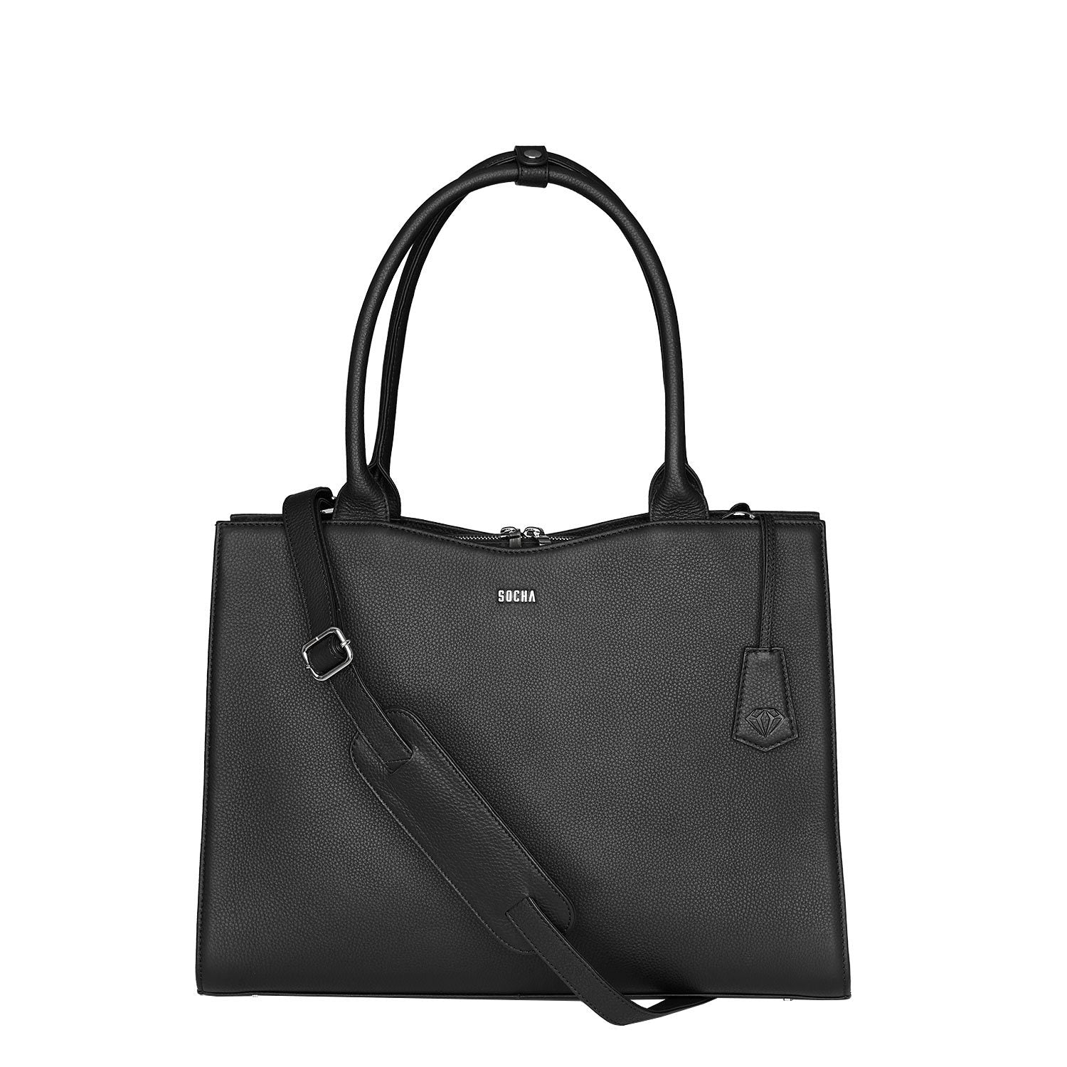 Diamond Edition Straight Line 14" Leather Laptop Tote - Black - Laptopbags.co.uk