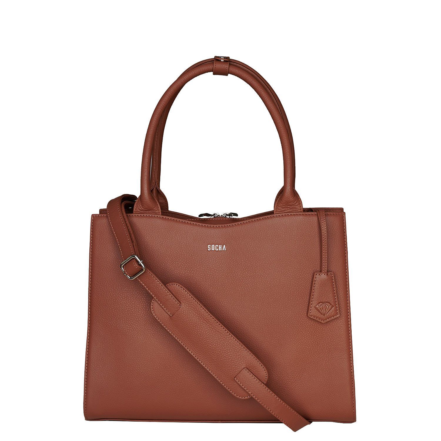 Diamond Edition Straight Line 14" Leather Laptop Tote - Cognac - Laptopbags.co.uk