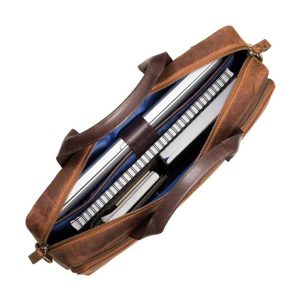 Hugo 13-inch leather laptop briefcase in Havana Tan with dark handles, padded laptop compartment, and multiple zipped pockets