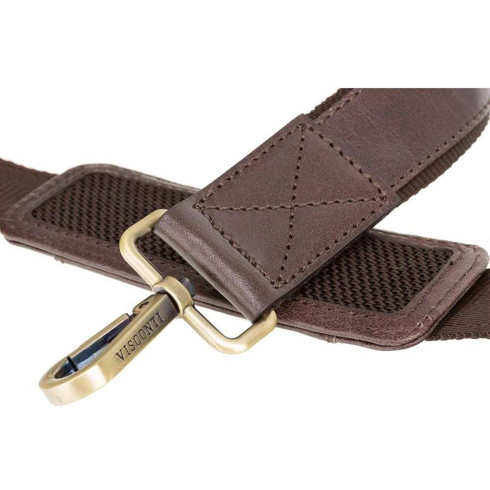 Close-up of detachable brown leather shoulder strap with brass hook on Hugo 13" leather laptop briefcase