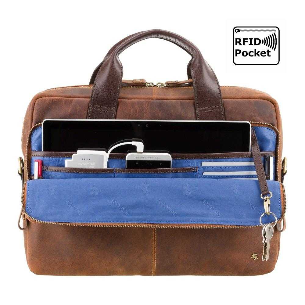 Hugo 13-inch leather laptop briefcase in Havana Tan with RFID pocket and blue lining
