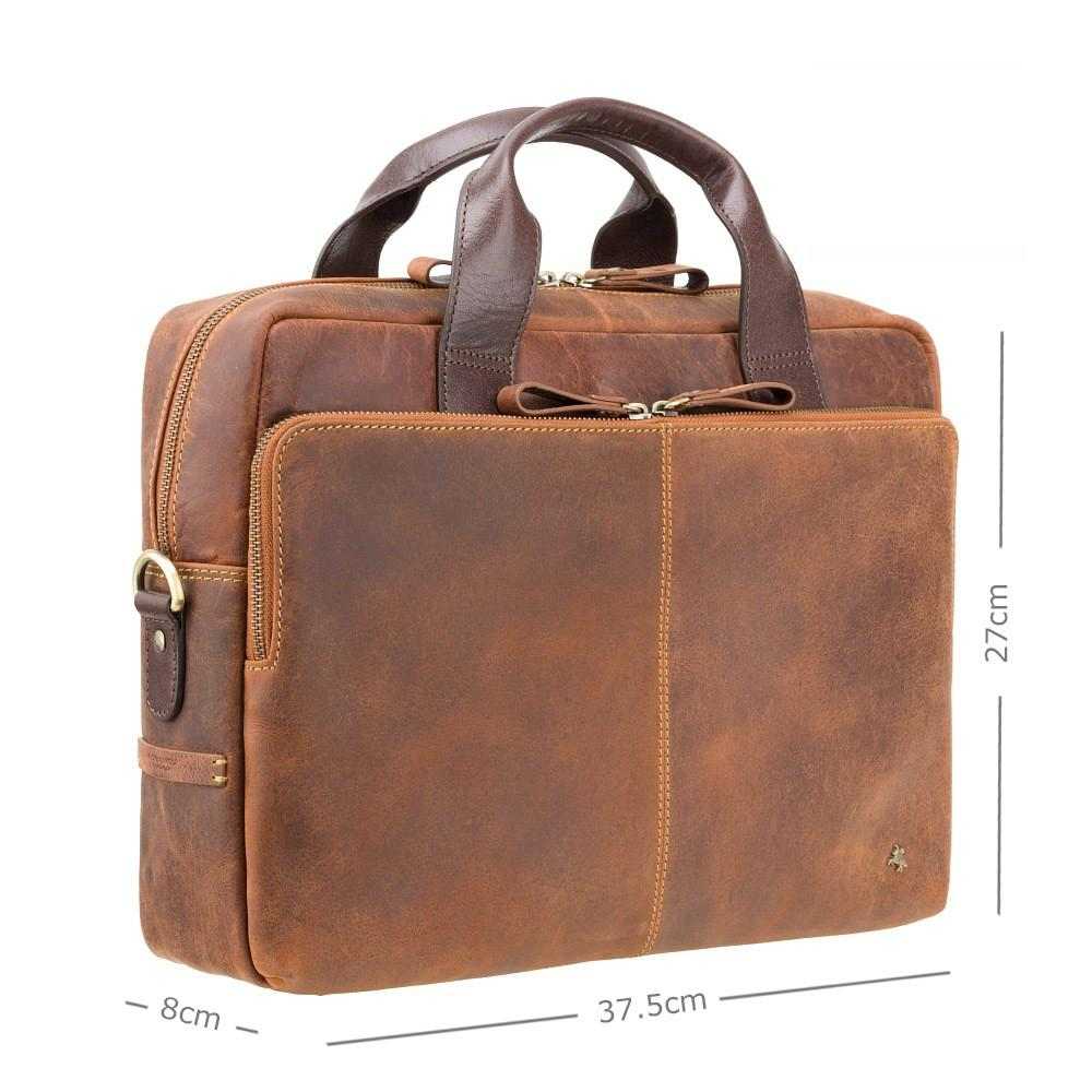 Hugo 13 inch leather laptop briefcase in Havana Tan with detachable shoulder strap and multiple pockets