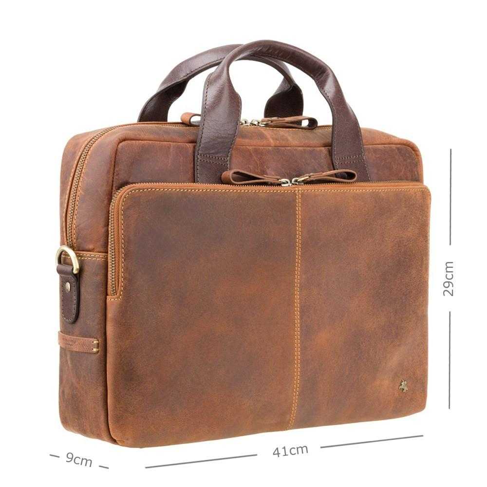 15" leather laptop briefcase in Havana Tan distressed oiled leather with dark brown handles and multiple zip compartments