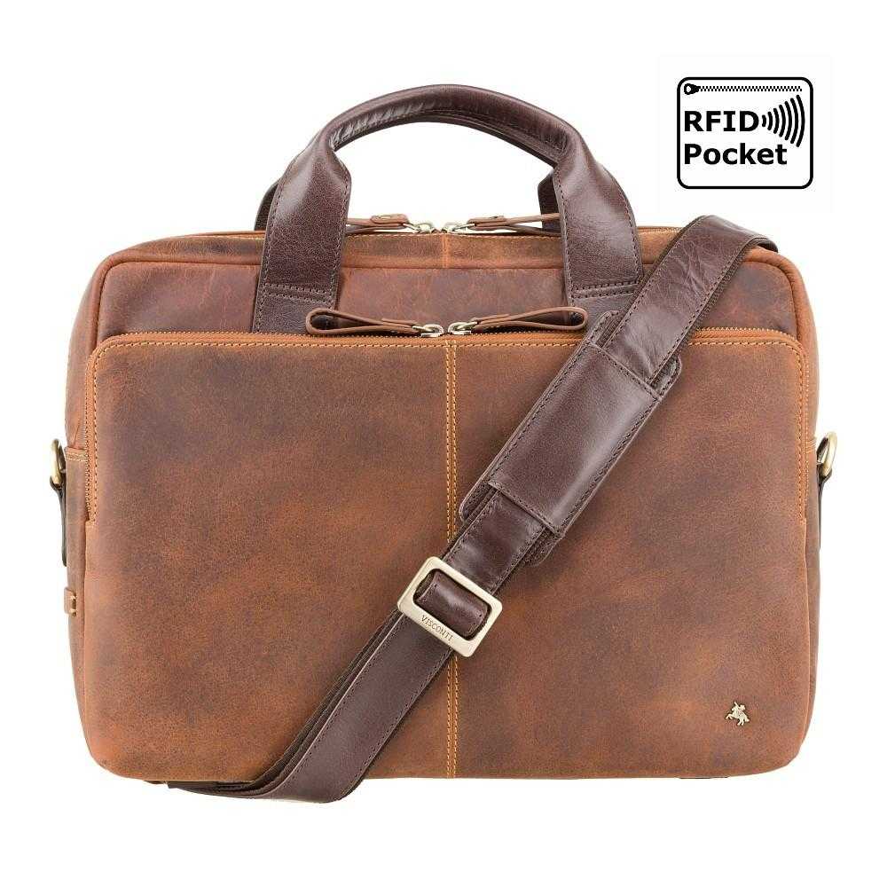 15" leather laptop briefcase in Havana tan distressed oiled leather with dark brown handles and detachable shoulder strap