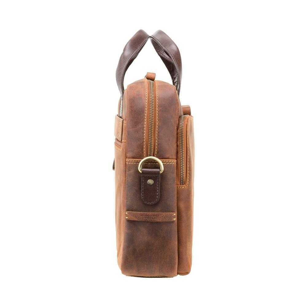 Side view of Hugo 15" leather laptop briefcase in Havana tan with dark brown handles