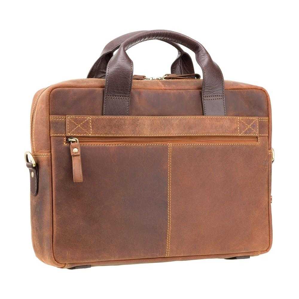 15-inch Havana tan leather laptop briefcase with dark brown handles and front zipper pocket