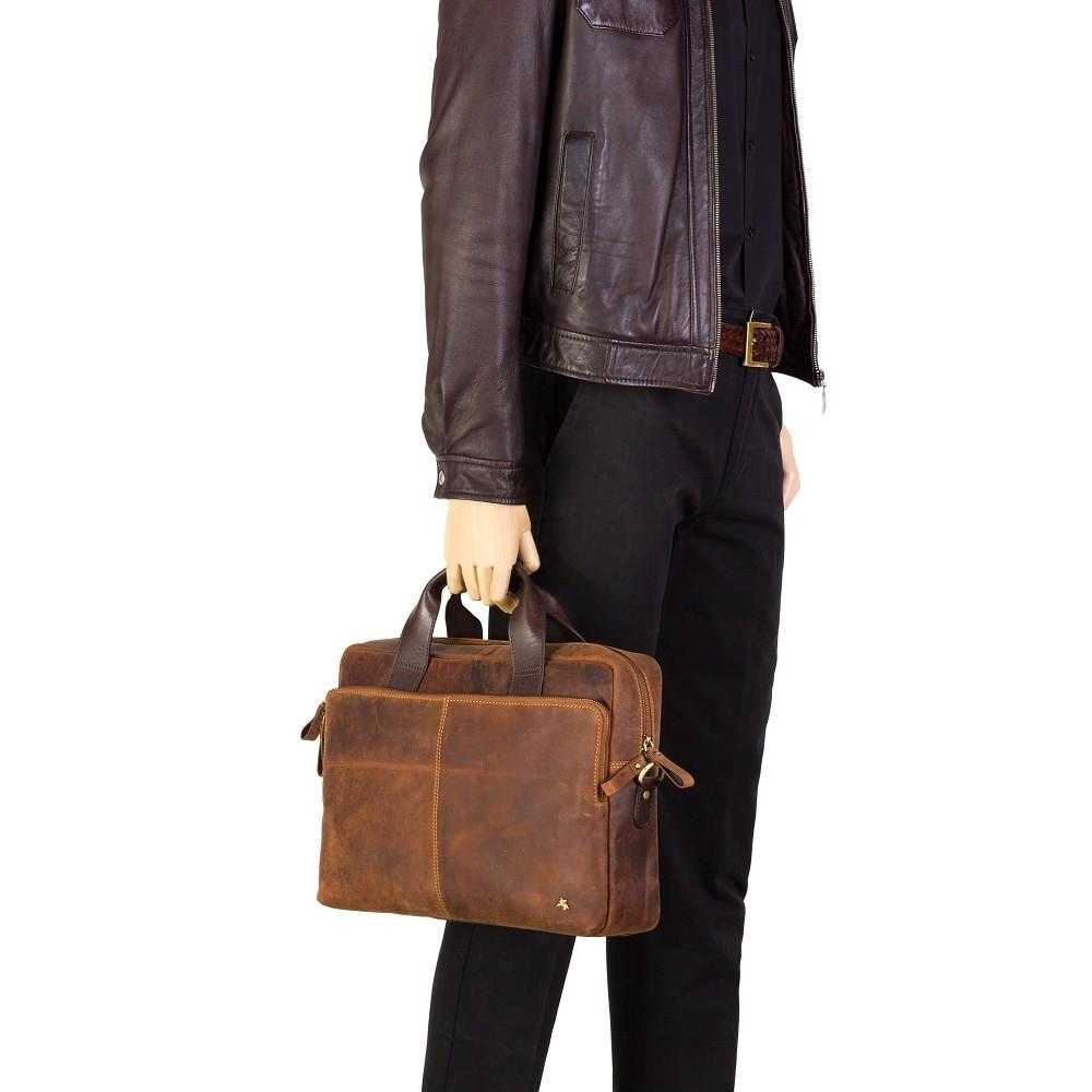 15" leather laptop briefcase in Havana tan distressed leather with dark brown handles and detachable shoulder strap